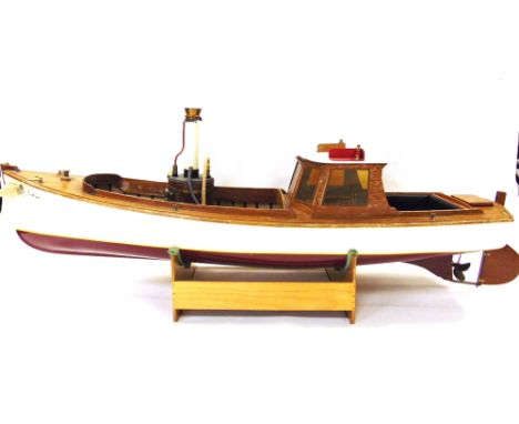 A LIVE STEAM MODEL RIVER LAUNCH, 'VICTORIA'  with a white roof, plank effect decking and a white over maroon hull, fitted wit
