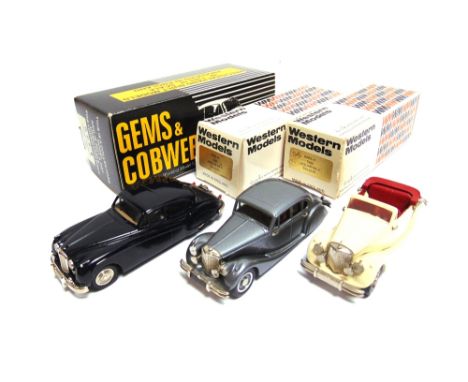 [WHITE METAL]. THREE 1/43 SCALE MODEL CARS  comprising a Gems &amp; Cobwebs No.G.C.6, Jaguar Mk IX, blue; Western Models No.W