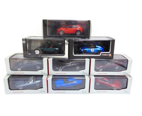 NINE 1/43 SCALE DIECAST MODEL CARS  comprising a TSM Model Jaguar E-Pace, caldera red; Triple 9 Collection No.T9-43014, Jagua