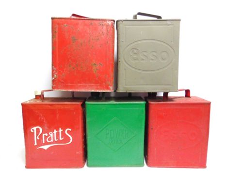 AUTOMOBILIA - FIVE METAL PETROL CANS  comprising those for Pratts, with a Pratts brass screw cap; Power Petrol, with a plain 