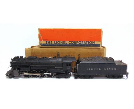 [O GAUGE]. A LIONEL 'BERKSHIRE' 2-8-4 TENDER LOCOMOTIVE, 726  black livery, three-rail, boxed (tender box lacking tabs and en
