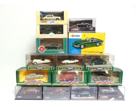 FIFTEEN 1/43 SCALE CORGI JAGUAR DIECAST MODEL CARS  comprising E-Type, Mk II and XK120 examples, each mint or near mint and b