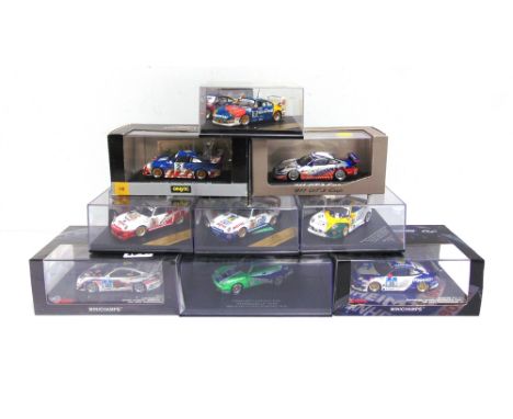 NINE 1/43 SCALE DIECAST MODEL RACING CARS  comprising a Minichamps No.437 086121, Porsche 997, 24H Nurburgring 2008; Minicham
