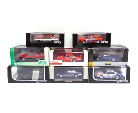 EIGHT 1/43 SCALE DIECAST MODEL CARS  comprising an HPI Racing No.8152, Nismo GT-R LM, plain black; Ebbro No.254, Nissan Skyli