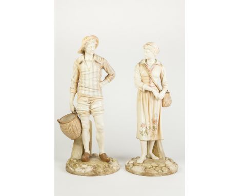 PAIR OF CIRCA 1890 ROYAL WORCESTER PORCELAIN JAMES HADLEY MODELLED FIGURES of a man carrying a basket and a lady with a fishi