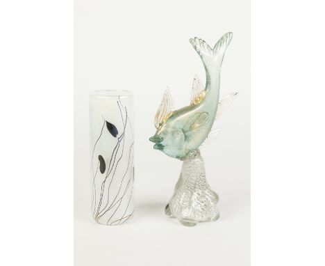 GLASFORM IRIDESCENT GLASS VASE, of cylindrical form, decorated with sinuous, leafy branches on a mother of pearl ground, 8" (