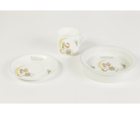 THREE PIECES OF MABEL LUCIE ATTWELL FOR SHELLEY CHINA 'THE MAN IN THE MOON' PATTERN NURSERY WARE, comprising: TEA CUP AND SAU