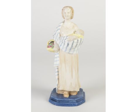ROYAL WORCESTER PORCELAIN FIGURE 'A FLOWER GIRL',  modelled by Phoebe Stabler, woman wearing a blue striped shawl, cradling a
