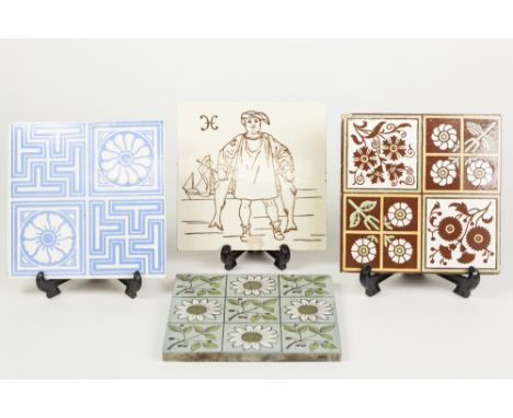 MINTON POTTERY TILE, brown printed with a fisherman, initialled H to upper left corner, 6" x 6" (15.2cm x 15.2cm), chipped, t