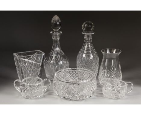 A CUT GLASS CARAFE, TWO CUT GLASS DECANTING, heavy cut glass FRUIT BOWL, 6 1/2" diameter; a heavy cut glass square section ta