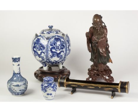 THREE PIECES OF NINETEENTH CENTURY AND LATER ORIENTAL PORCELAIN, comprising: JAR AND COVER, of swollen form, the body modelle