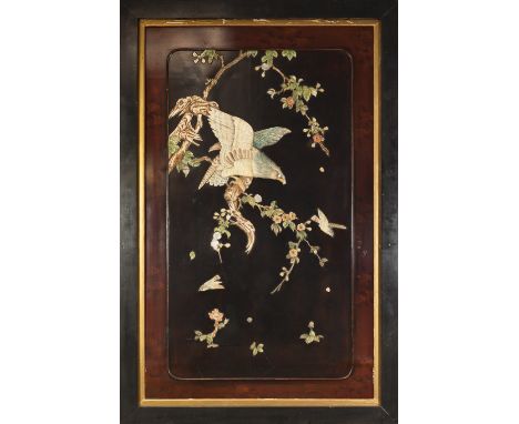 EARLY TWENTIETH CENTURY JAPANESE CARVED AND STAINED BONE AND MOTHER OF PEARL INLAID BLACK LACQUERED PANEL, of oblong form, th