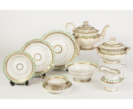 TWENTY SEVEN PIECE NINETEENTH CENTURY ENGLISH PORCELAIN PART TEA SERVICE, with green and gilt borders, comprising: TEAPOT, TW