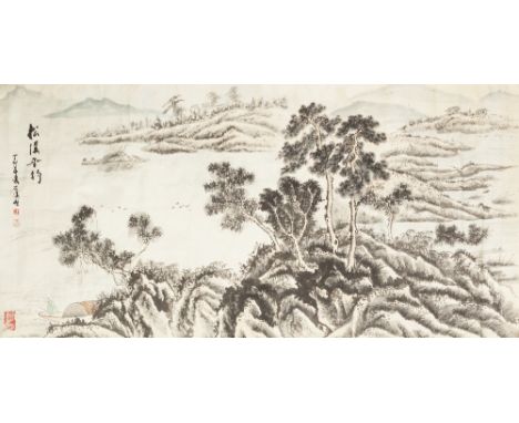 A TWENTIETH CENTURY  CHINESE INK AND WATERCOLOUR DRAWING ON PAPER,  of a lakeland landscape inscribed with black ink characte