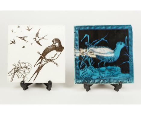 MINTON POTTERY TILE PATTERN TEAPOT STAND, printed with birds, together with a MINTON HOLLINS & Co 'BIRD TILE', in blue and bl