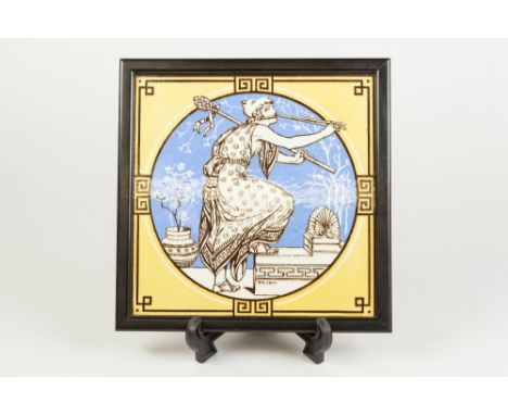 MINTON POTTERY LARGE TILE DESIGNED BY JOHN MOYR SMITH, depicting classical maiden playing pan pipes, 8" x 8" (20.3cm x 20.3cm
