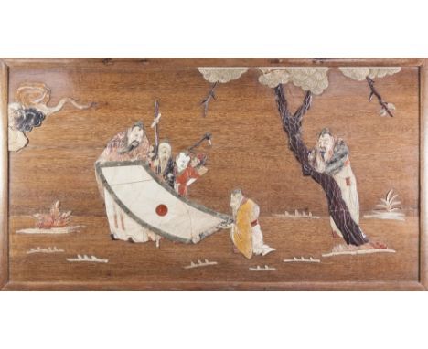 PROBABLY JAPANESE TWENTIETH CENTURY HARDWOOD AND HARDSTONE INSET PICTORIAL WALL PANEL, of oblong form, depicting figures exam