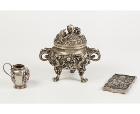 ORNATE CHINESE CAST WHITE METAL TWO HANDLED CENSER AND COVER, with all over high relief design of wrything dragons, the pierc