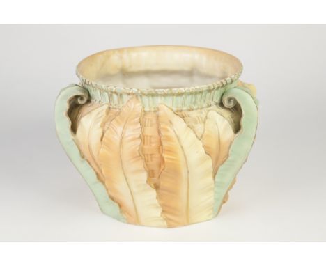 LATE VICTORIAN ROYAL WORCESTER LEAF MOULDED BLUSH CHINA JARDINIERE, of typical form, decorated in tones of pale blue, yellow 