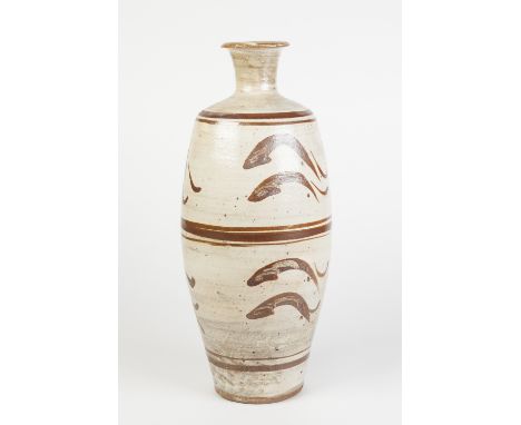 A BERNARD LEACH (ST. IVES, CORNWALL) STONEWARE STUDIO POTTERY TALL OVIFORM VASE, the buff oxidised glazed brown slip decorate