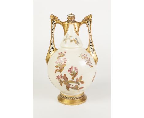 ROYAL WORCESTER PORCELAIN TWO HANDLE PEDESTAL VASE, orbicular with trumpet form neck and reticulated angular handles, painted