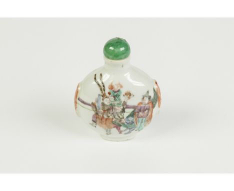 LATE NINETEENTH CENTURY CHINESE FAMILLE ROSE ENAMELLED PORCELAIN SNUFF BOTTLE, of circular form with green hardstone stopper,