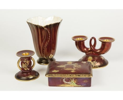 CARLTON WARE 'ROUGE ROYALE' TWIN LIGHT CANDELABRUM, 'New Mikado' pattern with two trumpet form branches and circular base, 5 