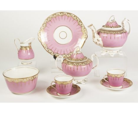 TWENTY FIVE PIECE VICTORIAN CHINA PART TEA SERVICE, now suitable for eight persons, pink with gilt borders, comprising: TEAPO