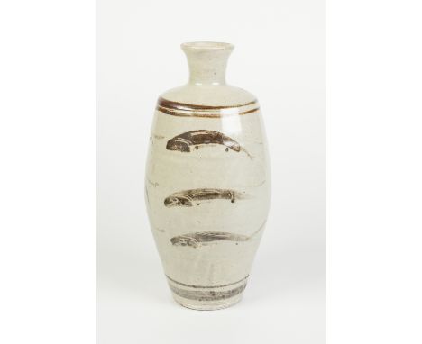 A BERNARD LEACH (ST. IVES, CORNWALL) STUDIO POTTERY VASE, of oviform with short trumpet neck, the body brown slip decorated w