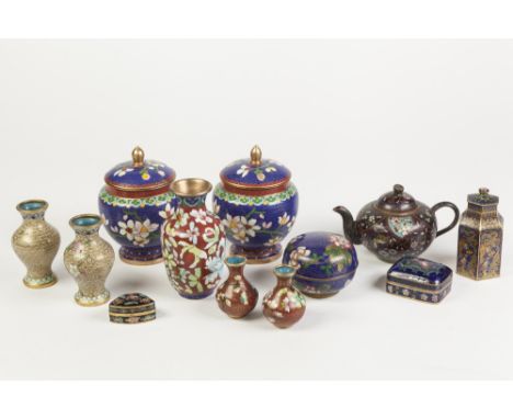SMALL CHINOISERIE ENAMEL HEXAGONAL TALL JAR AND COVER, design of dragons and clouds on a blue ground, button finial, 3 1/4" (
