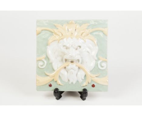 MINTON RELIEF MOULDED POTTERY TILE of  LION MASK, 6" x 6" (15.2cm x 15.2cm) impressed mark 