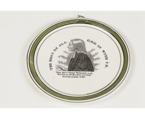 LATE EIGHTEENTH/ EARLY NINETEENTH CENTURY 'JOHN WESLEY' POTTERY SMALL WALL PLAQUE, of circular form, black printed with profi