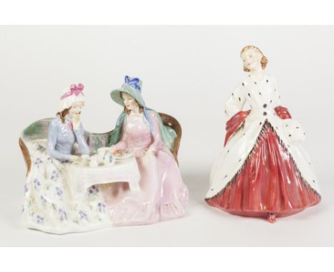 TWO ROYAL DOULTON FIGURES, comprising: 'AFTERNOON TEA', HN1747, hairlined and 'THE ERMINE COAT', HN1981 printed and impressed