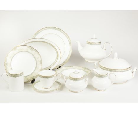 ROYAL DOULTON BONE CHINA 'ISABELLA' PATTERN DINNER AND TEA SERVICE FOR 8 PERSONS, 62 pieces white with grey printed banded bo