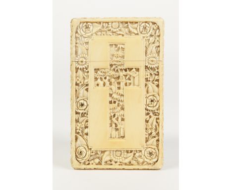 A CHINESE LATE QING DYNASTY CANTON WELL CARVED IVORY VISITING CARD CASE, the front centred by a cruciform panel, the reverse 