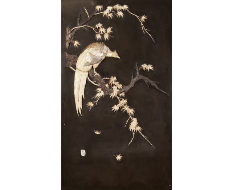 PAIR OF LATE NINETEENTH/ EARLY TWENTIETH CENTURY JAPANESE CARVED BONE, MOTHER OF PEARL AND CARVED WOOD MOUNTED BLACK LACQUER 