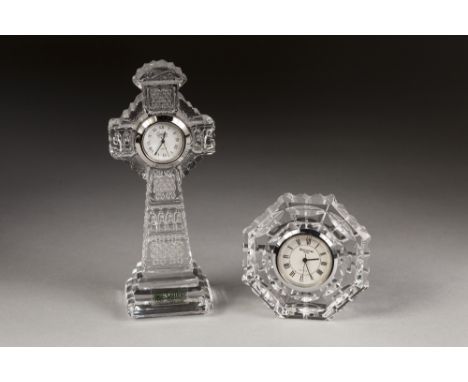 WATERFORD CUT GLASS SMALL OCTAGONAL CLOCK, with quartz movement, 2 3/4" high and a GALWAY CUT GLASS MANTEL CLOCK in Gaelic cr