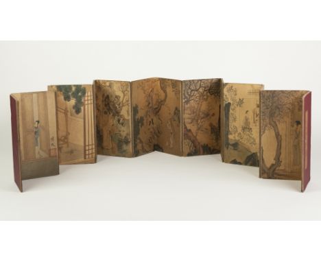 AN EARLY TWENTIETH CENTURY ORIENTAL FOURTEEN FOLD STORY BOOK the double page illustrations being facsimile of original ink an