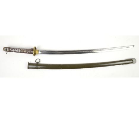 An Army NCO's Shingunto with olive green painted scabbard, typical spring clip, sarute and obi-tori. The blade and scabbard m