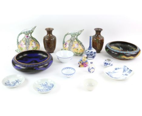 A Cloisonne enamel oviform brush washer, 26 cm diameter; together with three other pieces of cloisonne enamel [a bowl with fo