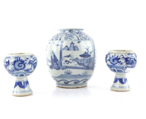 A blue and white oviform jar in the late Ming style, about 17 cm high; together with two blue and white stem bowls, 10 cm hig