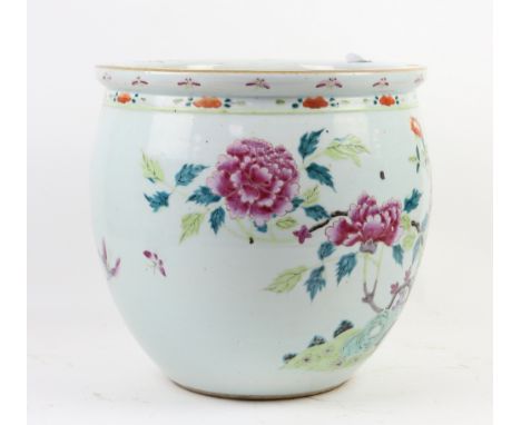 A famille rose fishbowl or planter, decorated with bold designs of flowering peony beneath a hovering butterfly, 36 cm high, 
