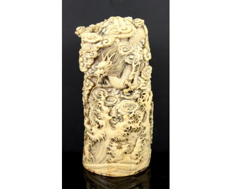 19th century Japanese carved ivory tusk decorated with tiger and dragon amongst clouds and ocean, 24cm high, with 'Tomkinson 