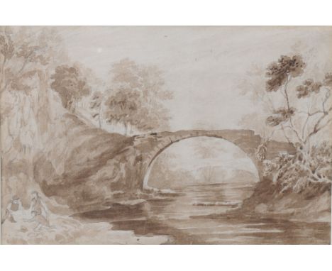In the manner of Thomas Hearne (1744-1817) "The Roman Bridge at Machno"
Monochrome wash 13x19.5cms with a label verso stating