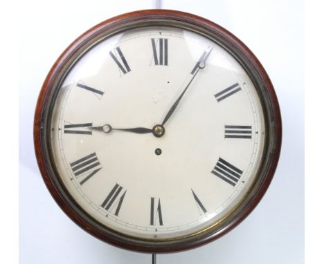 An early 19th Century mahogany dial clock
With a convex glazed brass bezel to the convex cream painted metal dial, unsigned, 