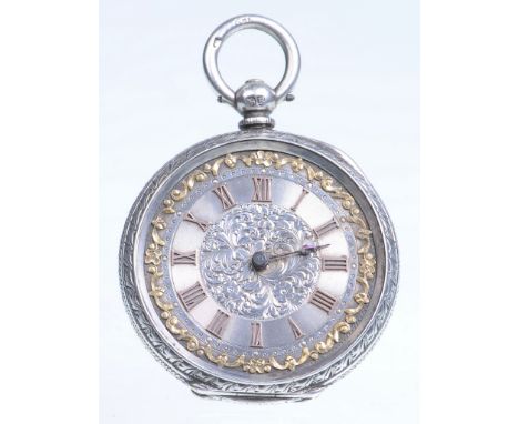 A Victorian hallmarked silver and enamel open face pocket watch
With a 3.5cm dial with gold coloured Roman numerals the centr