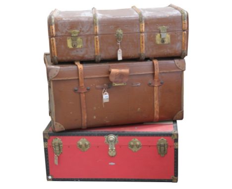 A Vintage canvas and leather cabin trunk
The hinged rectangular form with a leather lock cover stamped Marsh, makers King Str