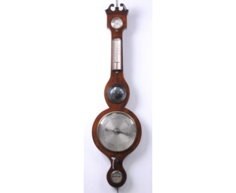 An inlaid mahogany wheel barometer 19th Century
With a 20cm silvered register above a mirror, thermometer and hygrometer with