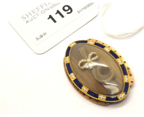 A Georgian Hairwork and Enamel Ten Row Necklace Clasp, the navette shape glazed panel encasing hair with applied tied bow det