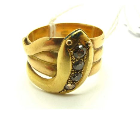 An 18ct Gold Stone Set Serpent Ring, the detailed ring with four graduated brilliant cut stones collet set to serpent head, w